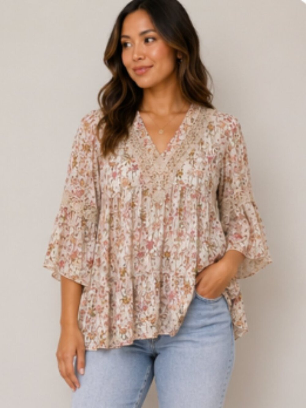 Flint & Moss Floral Boho Peasant Blouse Size S Crochet Lace Bell Sleeve Rayon